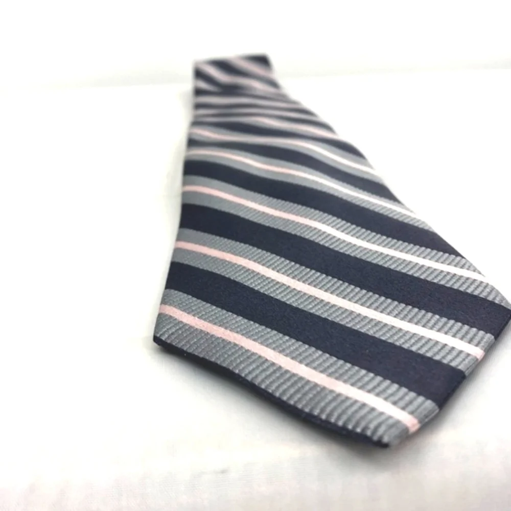 New With Tags Merona 100% Silk Gray and Pink Striped Traditional Long Neck Tie
